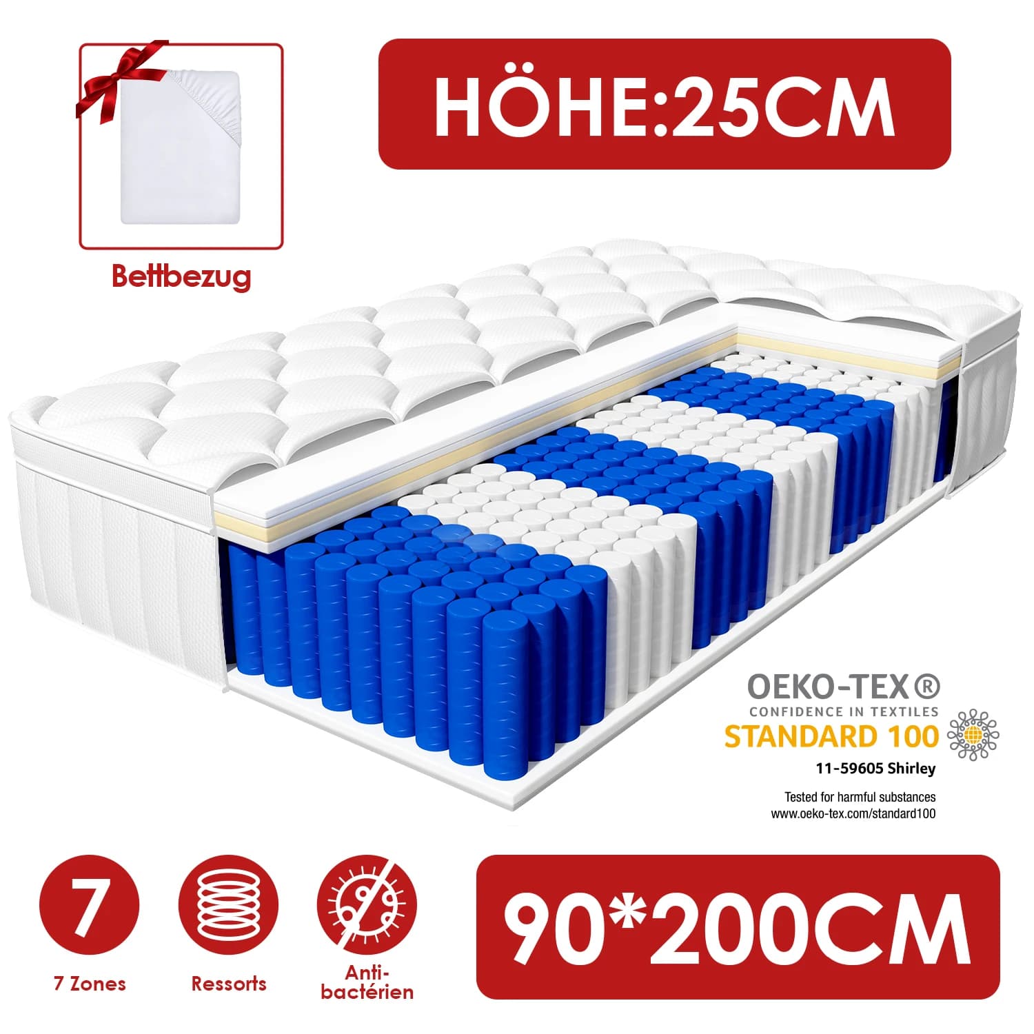 Hiazurm mattress 90x200 pocket spring core mattress 7-zone spring core mattress mattress breathable white medium hardness H3