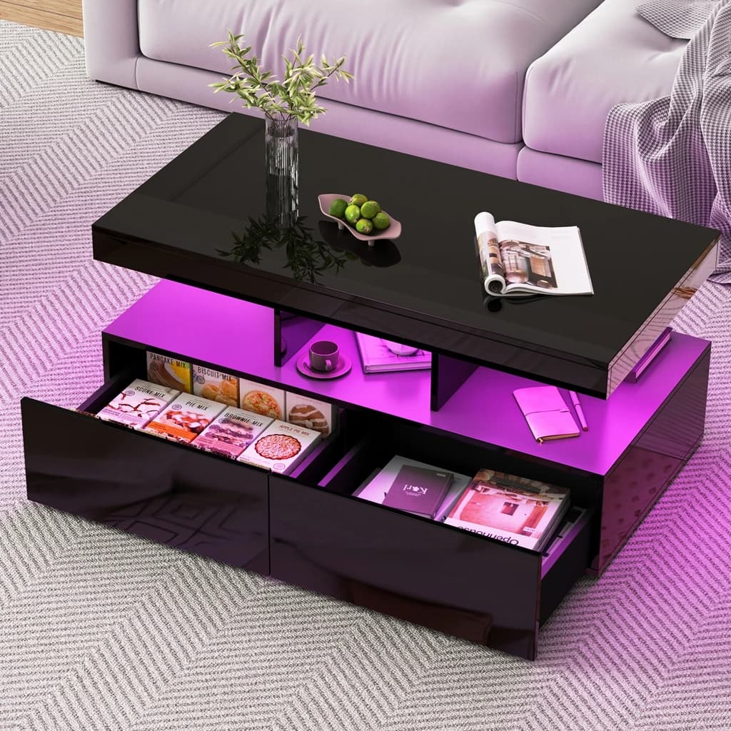 High Gloss Coffee Table, Living Room-LED Coffee Table, Modern Couch Table with Open shelf and 2 Drawers, 104x53x46cm