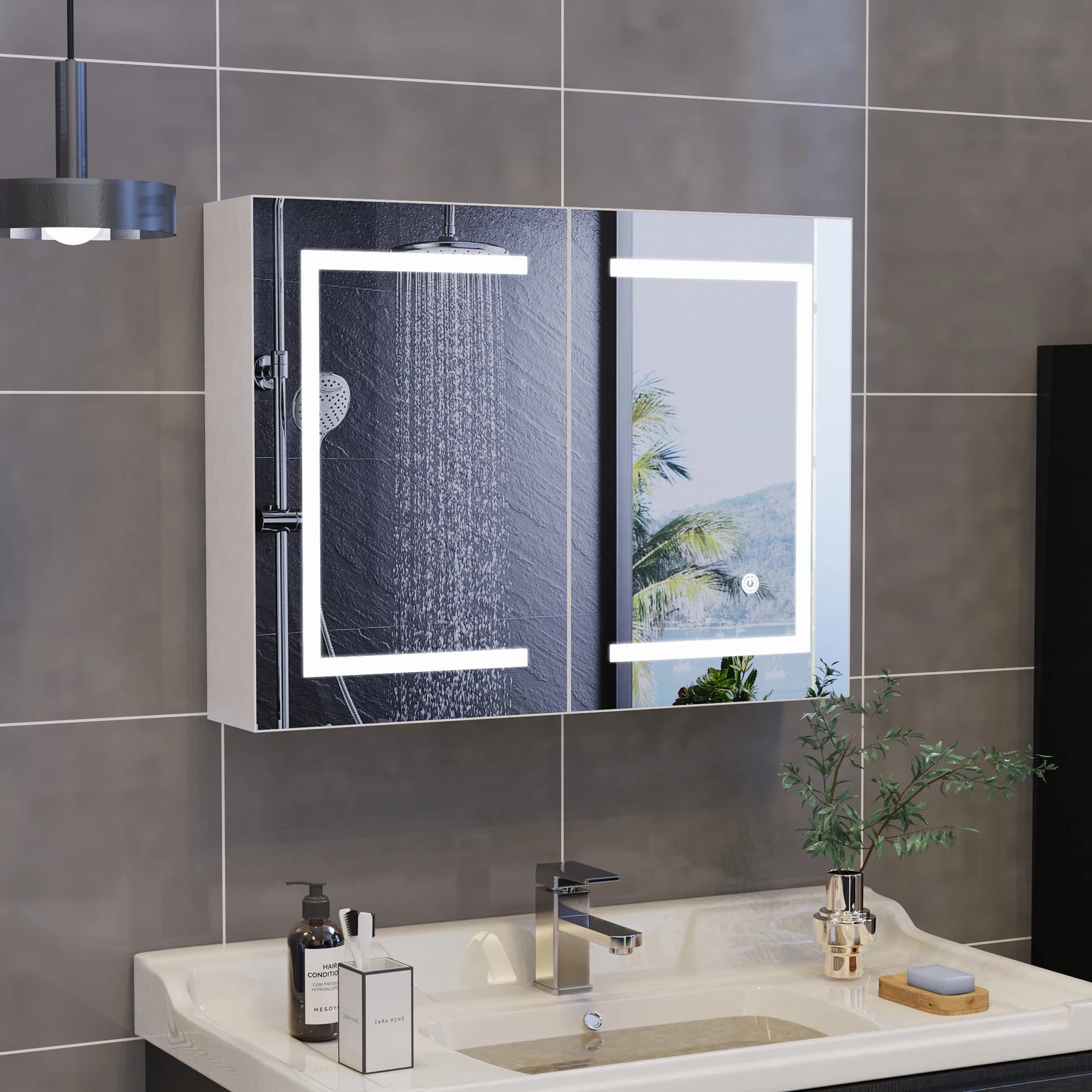 Rosahqnda anti-fog bathroom mirror cabinet with LED lighting, height adjustable shelves, 3 color temperature dimmable