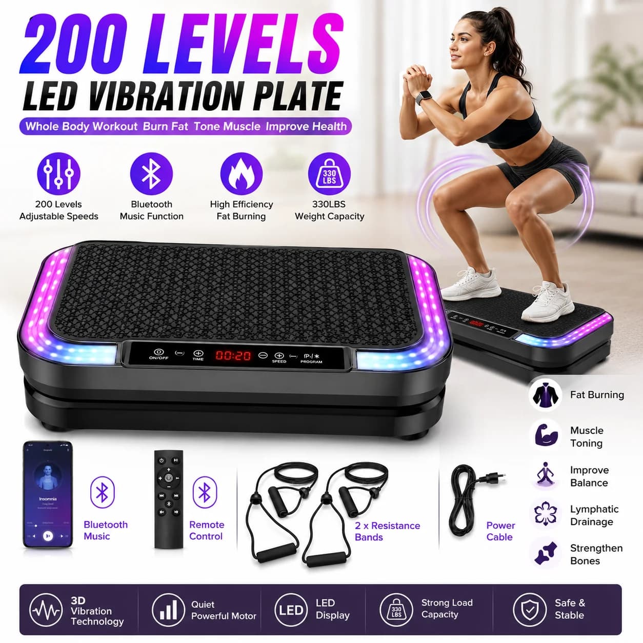 Portable Bluetooth Vibration Plate with LED Display 200 Intensity Levels Full Body Fitness Machine Resistance Bands Home Gym Exercise Platform for Fat