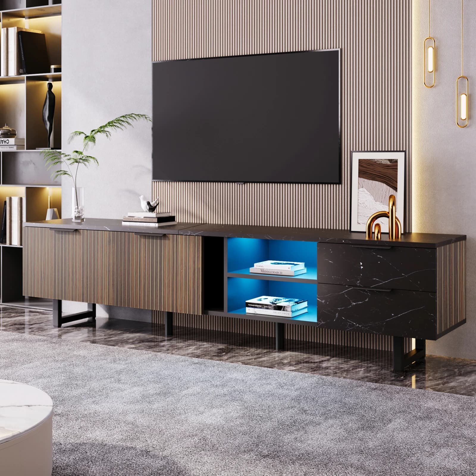 Superaly 200 cm TV Cabinet,Dark Wood-grain Doors, adjustable LED Lighting, Two Doors, and Two Drawers