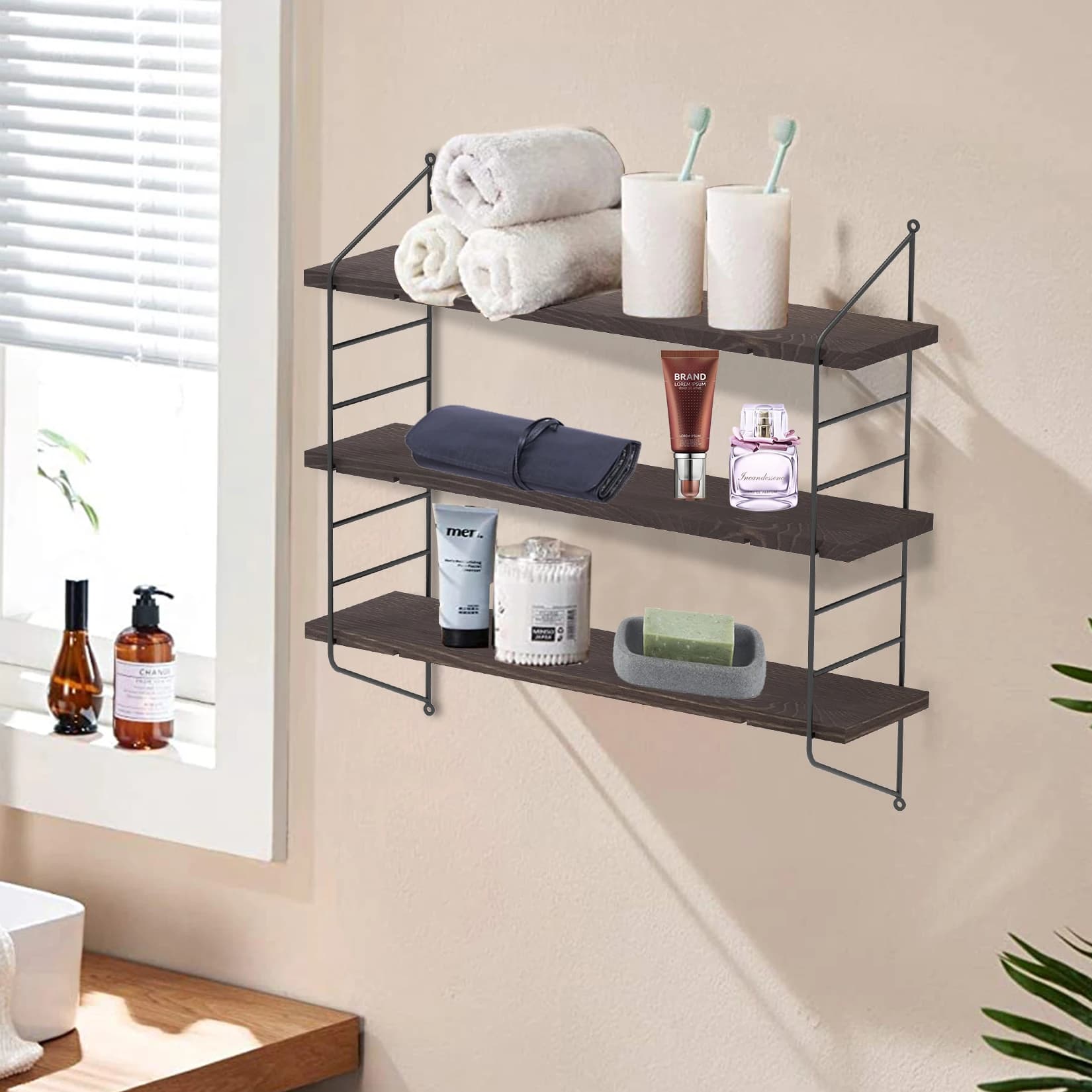 23 Inch Modern Floating Shelves Industrial Metal and Torched Wood Adjustable Wall Mounted 3-Tier Display Shelf