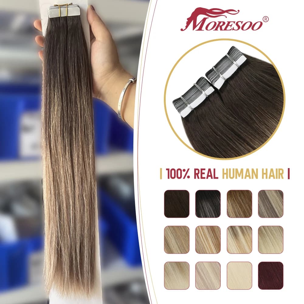Moresoo Human Hair Extensions Tape in 100% Real Hair Natural Straight Machine Remy 2.5G/PCS Brazilian Hair Seamless Invisible
