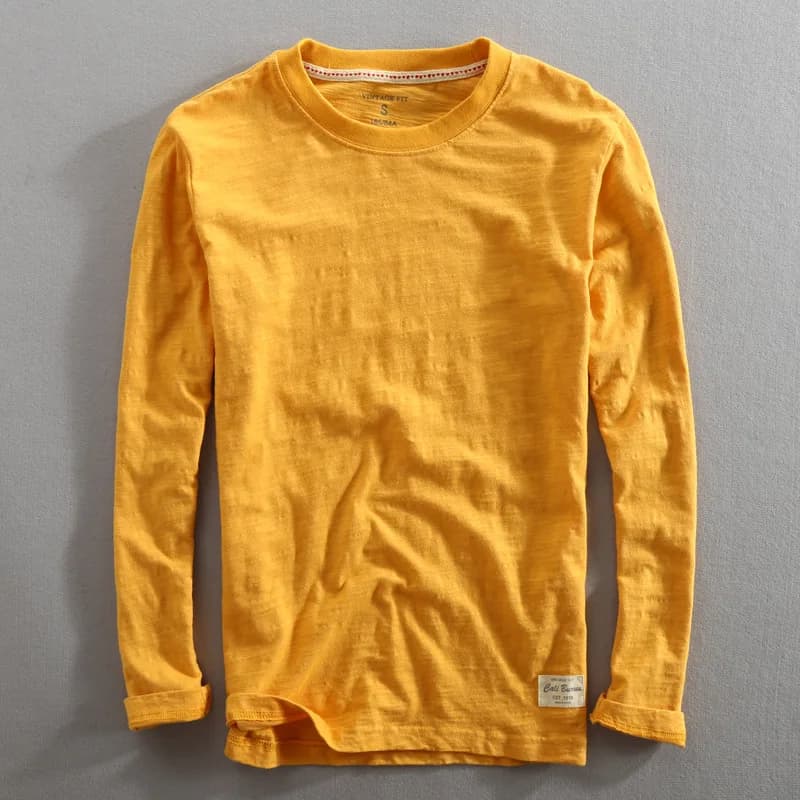 Men's Vintage Solid Color Bamboo-Cotton Long Sleeve T-Shirt Male Tops O-Neck Casual Thin Tees Slub T Shirts