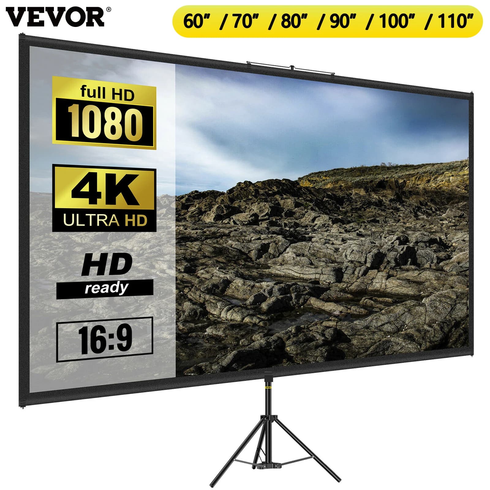 SucceBuy 60 70 80 90 100 110 in Tripod Projector Screen W/ Stand 16:9 4K HD Portable Home Cinema for Indoor & Outdoor Projection