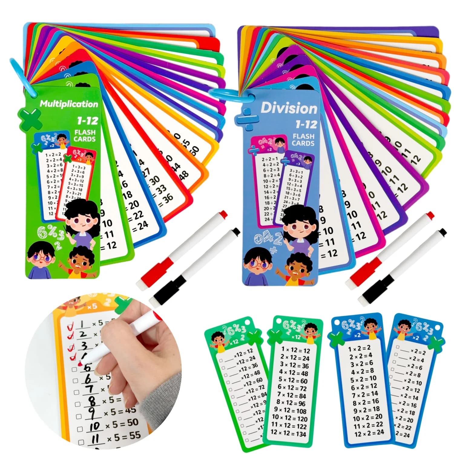 Digital Learning Flash Cards, Addition, Subtraction, Multiplication, Division, Fractions, Math Formula Memory, 15 Cards with Two Erasable Pens,