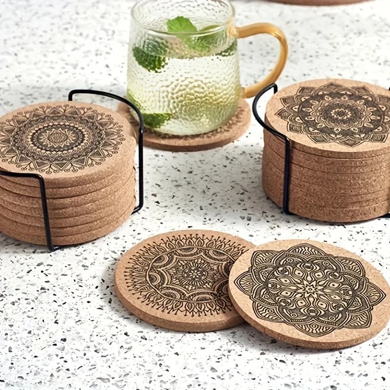 1set Round Wooden Coaster Heat Resistant Non-Slip 2D Flat Single-Sided Color Print Mandala Flower Restaurant Kitchen Coaster