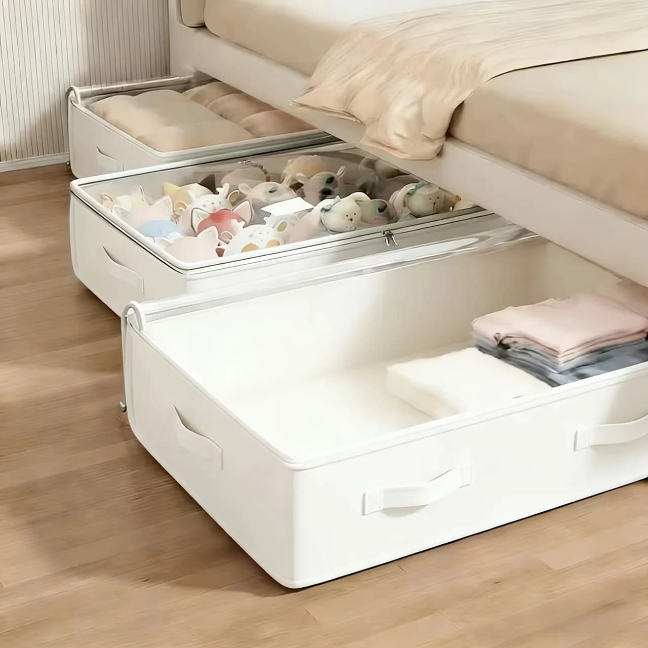 3pcs White Bed Under Storage Boxes | Foldable, Multipurpose for Blankets, Dresses, Quilts, Pillows, Clothes, Flip Top Closure