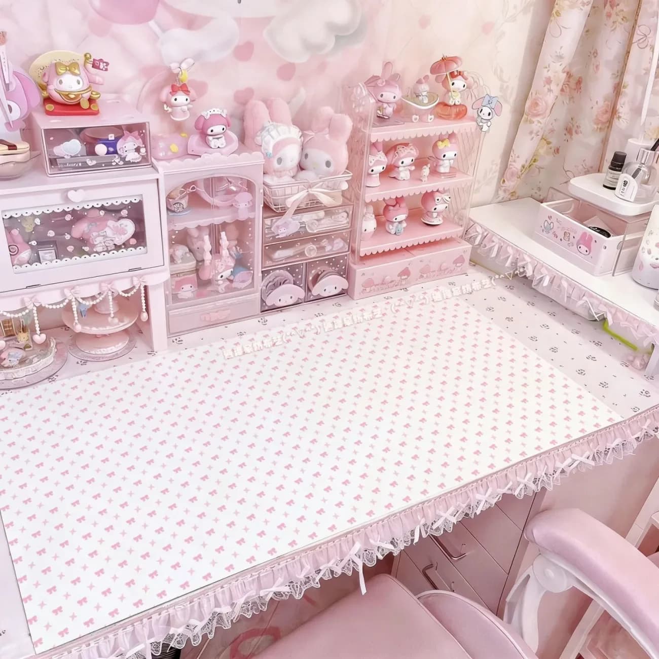 Leather Desk Pad Protector FULL Screen Polka Dots Bow PINK Y2K Mouse Pad Office Desk Mat Waterproof Non-Slip PU Desk Blotter Pad