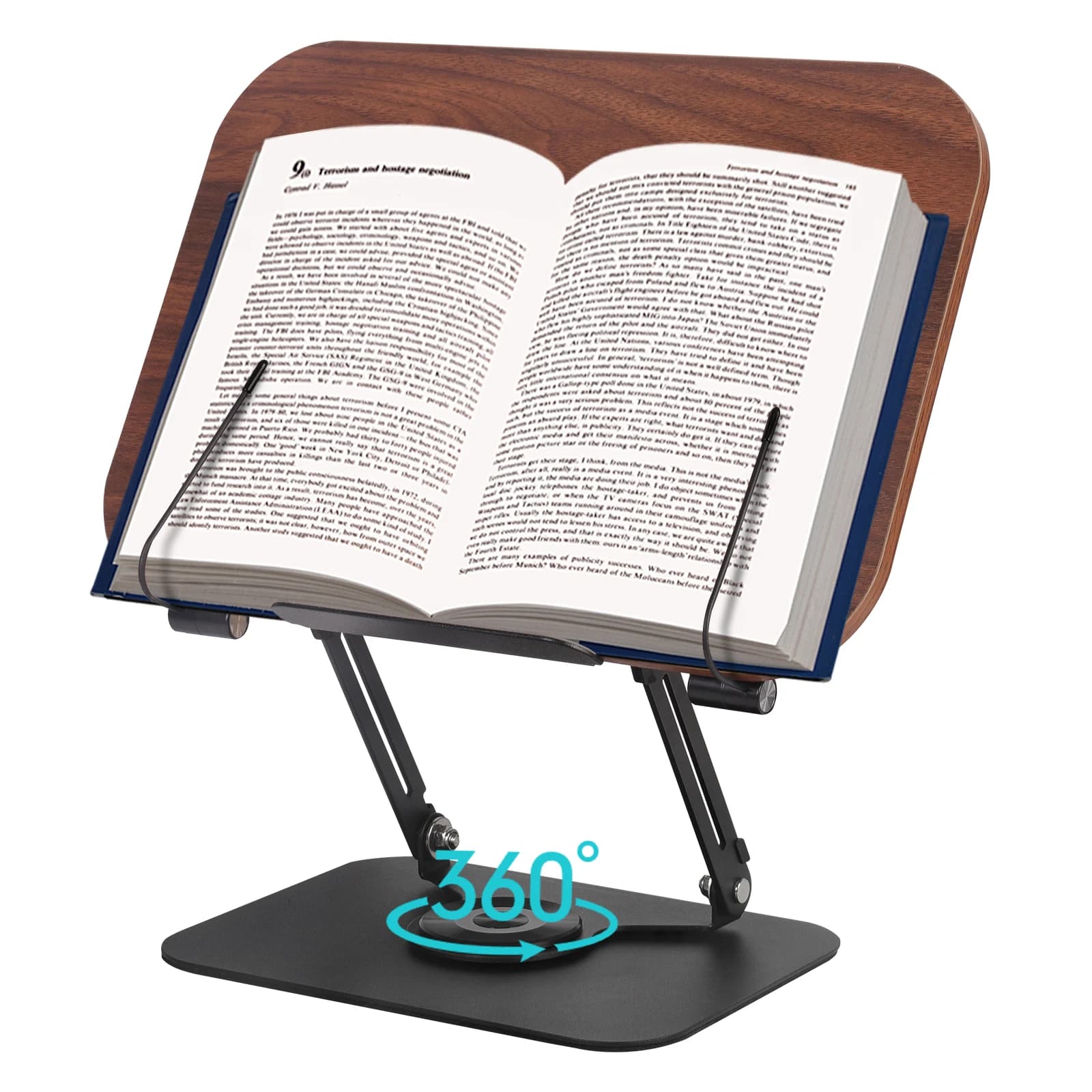 Book Stand for Reading Adjustable Book Holder with 360° Rotating Base Elastic Page Clips Foldable Desktop Riser Stand