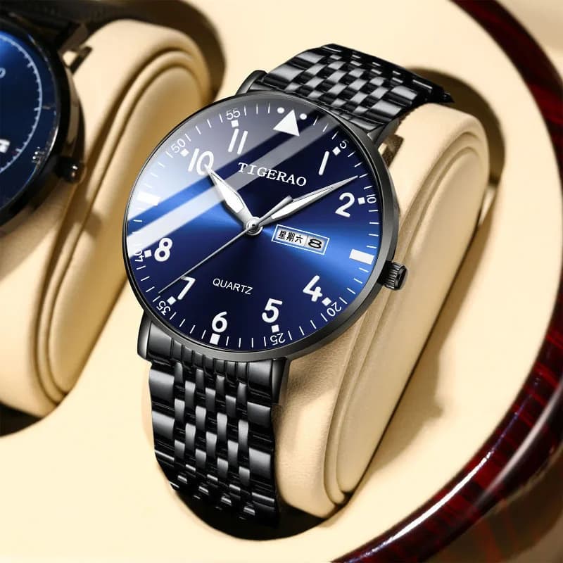 Watch Men's Quartz Watch Dual Calendar Waterproof Men's Watch Luxury Stainless Steel Clock Business Night Light Watches