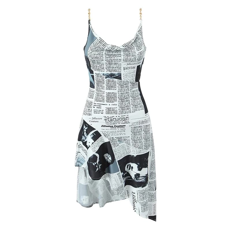 YENKYE New Women Newspaper Letter Print Irregular Hem Sling Dresses Fashion Backless Thin Straps With Chain Summer Sexy Dress