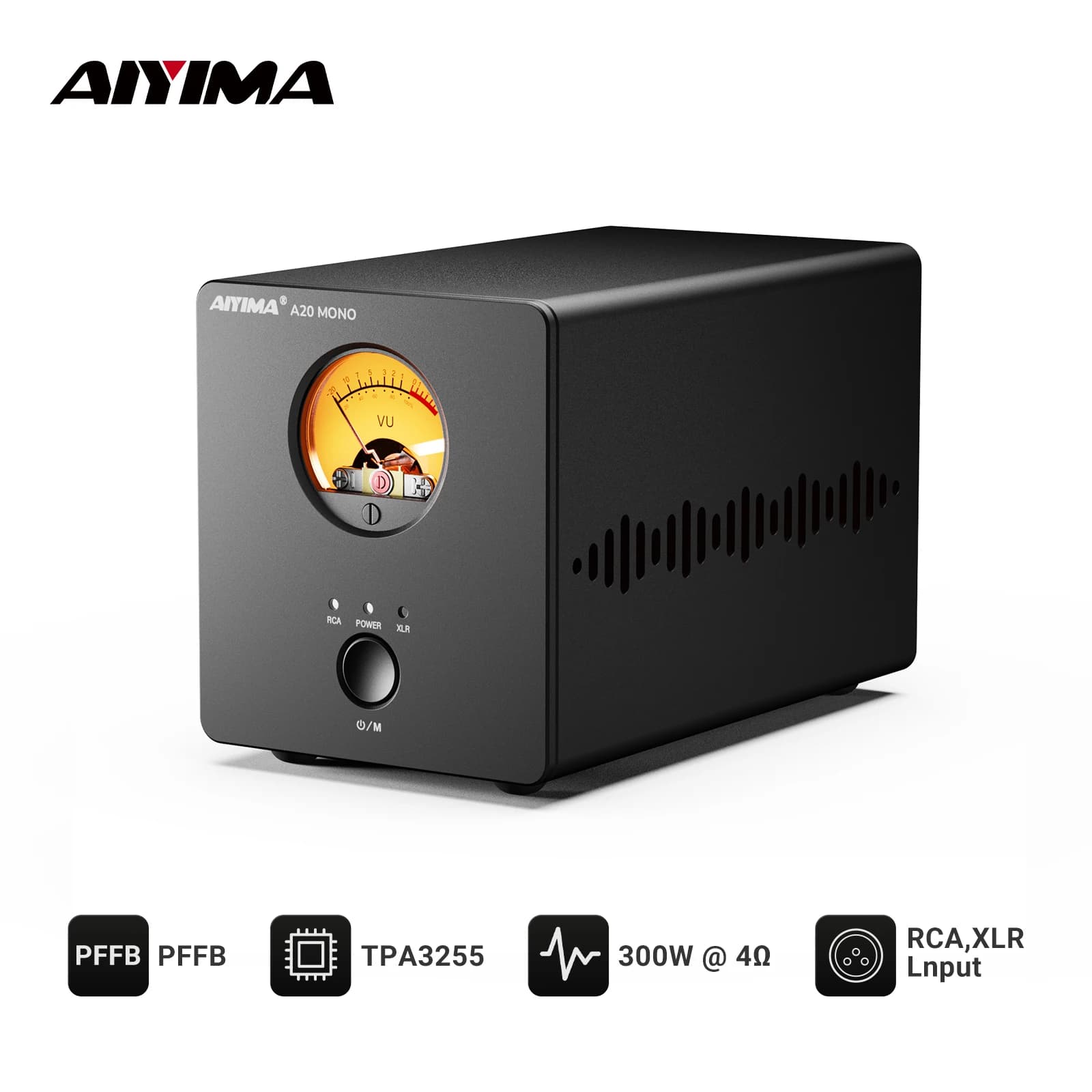 AIYIMA A20 MONO PFFB TPA3255 Power Amplifier 300W Class D MONO Amp XLR RCA TRS Input Sub Out HPF Home Audio 12V Trigger VU Meter