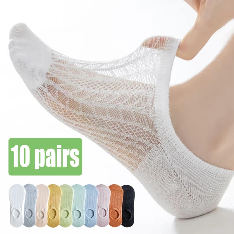 10 Pairs Invisible Mesh Women's Socks Hollow Non-slip Invisible Boat Socks Comfy & Breathable Soft Summer Ultra-thin Solid Sox