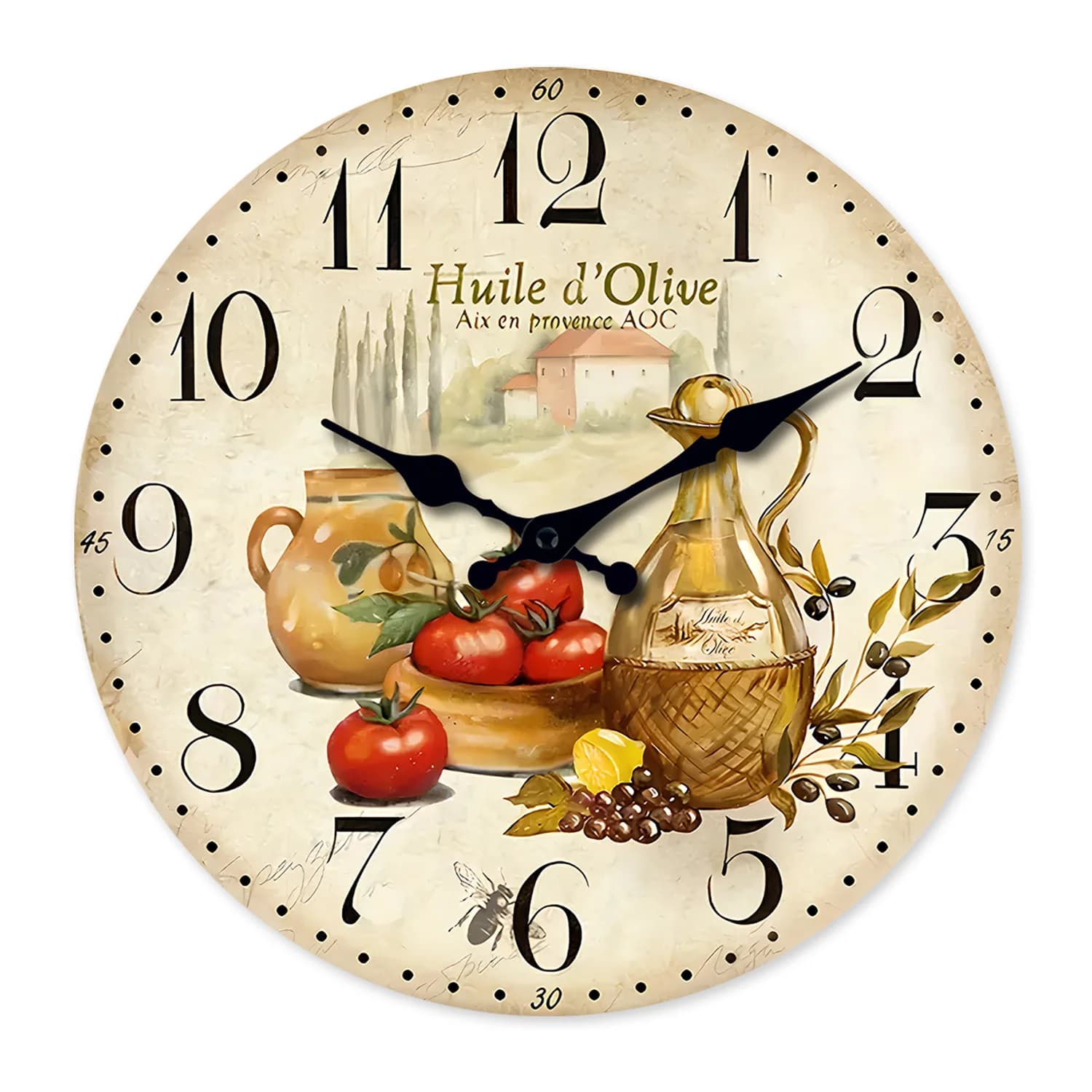 Vintage Provence Olive Oil and Tomato Pattern Wooden Wall Clock Living Room Bedroom Kitchen Home Decor Silent Quartz Clock Holiday Gift 10-Inch