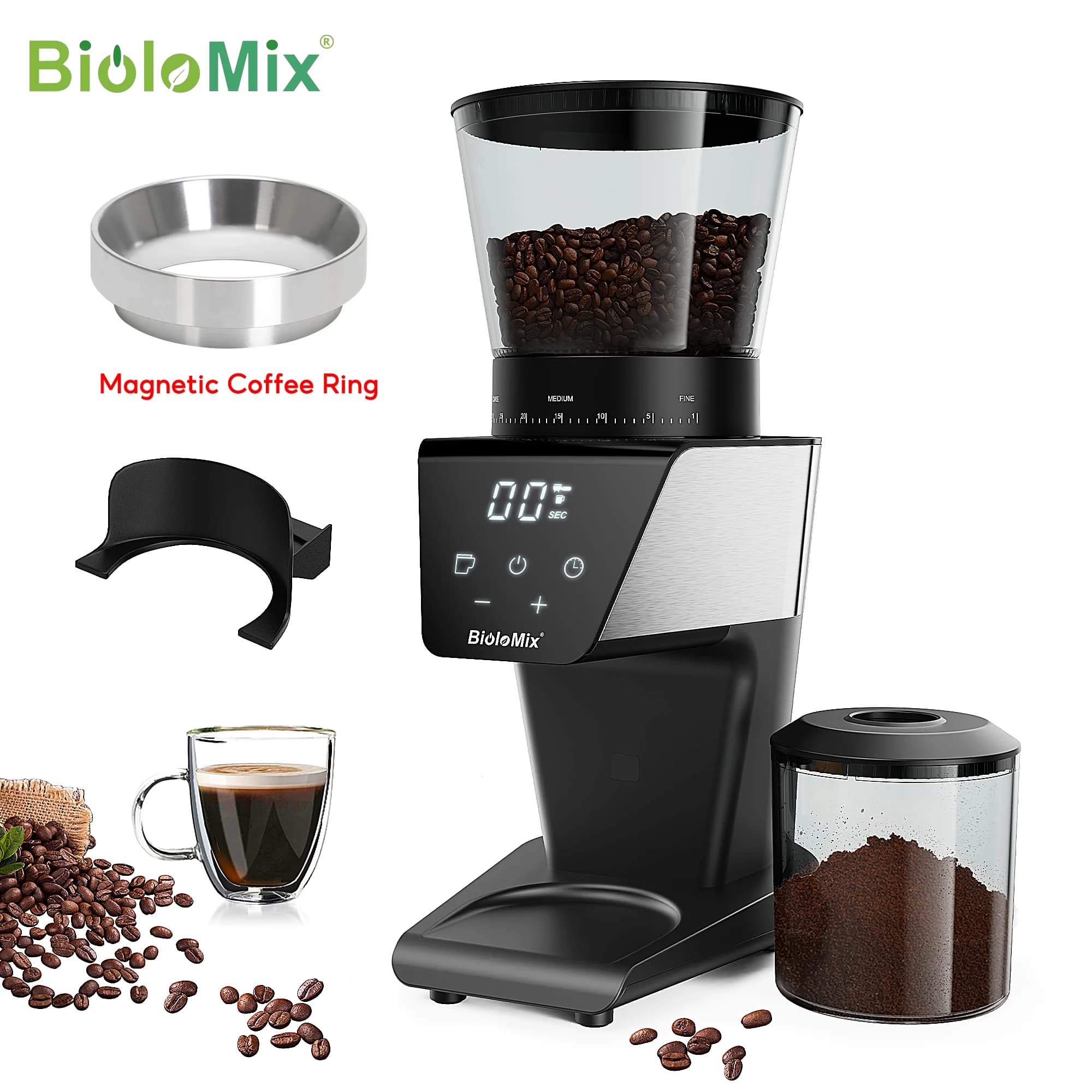 BioloMix Electric Coffee Grinder with Magnetic Ring - 30 Precise Grind Settings for Espresso, American, and Pour Over Coffee