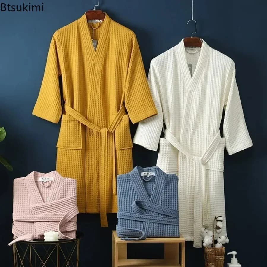 Men's Cotton Terry Robe for Spring and Summer Thin Morning Robe Long Sleeve Waffle Bathrobe Hotel Beauty Bath Towel for Couples