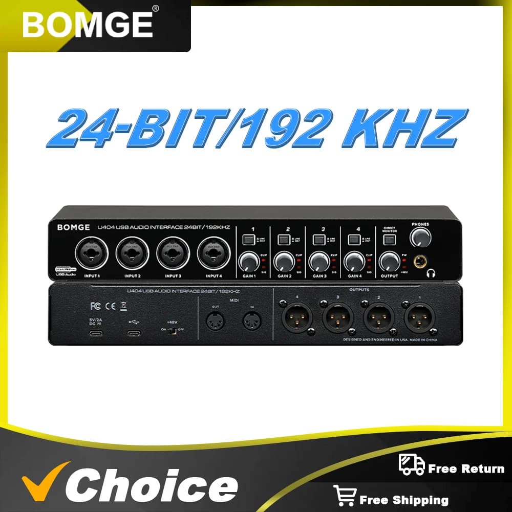BOMGE U404 Features a Four-Channel Audio Interface, a 24-Bit/192kHz High-Resolution Recording Interface, and 48V Phantom Power.