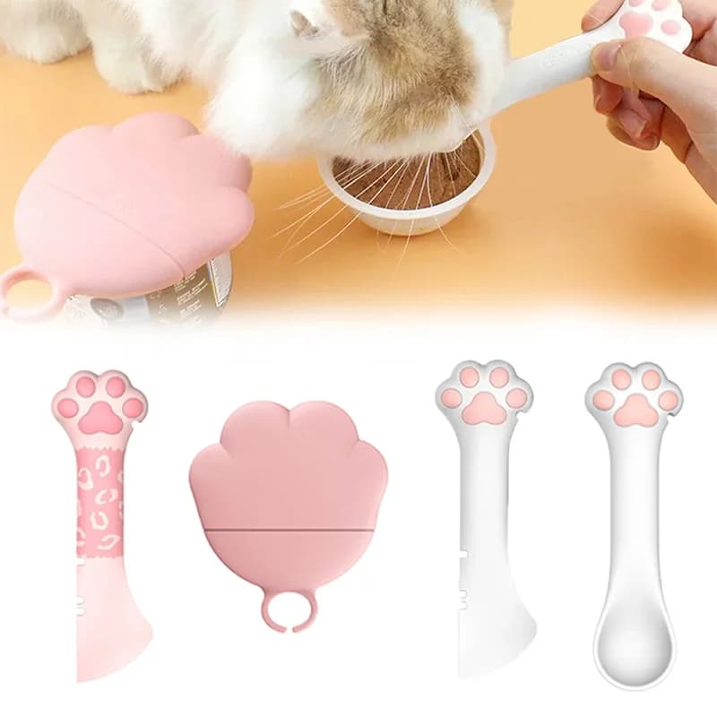 Multi Functional Pet Canned Spoon Cat Paw Spoon 3 in 1 Pet Can Opener Silicone Lid Wet Dry Food Mixer for Cat and Dog Mix Dry An