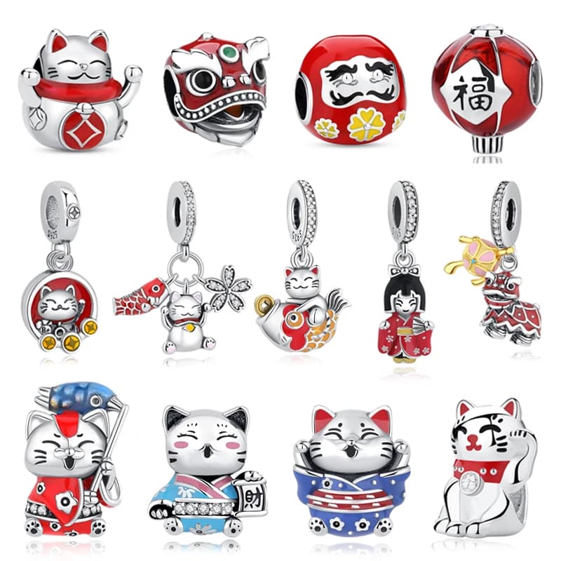925 Sterling Silver Charms Fortune Cat Chinese New Year Pendant Beads Japanese Girl Fit Brand Bracelets Necklaces Women Jewelry