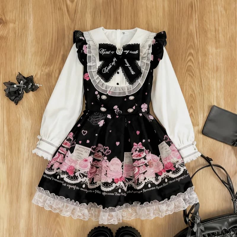 Y2k Japanese Kawaii Two-Piece Sets Long Sleeve Top + Short Skirt Sweet Women Casual Cute Print Bow Patchwork 2025 New Arrival