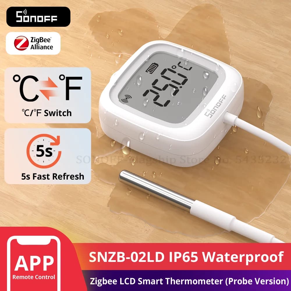 SONOFF SNZB-02LD IP65 Zigbee LCD Smart Thermometer With Probe Detect Pool Bathtub Fridge Freezer Liquid Temperature Measurement