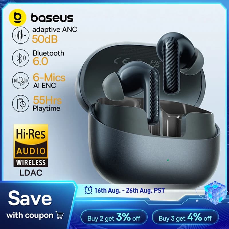 Baseus EP10 Pro ANC Earbuds Wireless Bluetooth 6.0 Earphones 50dB Realtime Adaptive Headphones 6 Mic Hi-Res LDAC IP55  Ear Buds