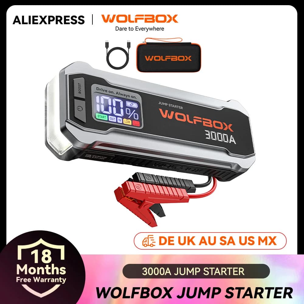WOLFBOX 3000Amp Car Jump Starter Booster Battery Jumper Power Bank Fast Charger