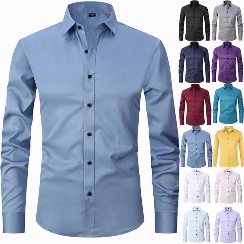 Men's long-sleeved shirt made of elastic fabric, wash-and-wear wrinkle-resistant business casual, silky smooth, pure color shirt