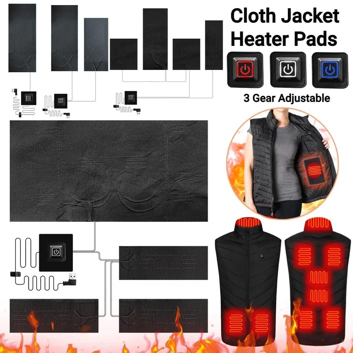 Waterproof Electric Heating Sheet 3 Gear Adjustable Temperature Control Pad Thermal Pads 5V DIY Heat Clothing for Camping Hiking