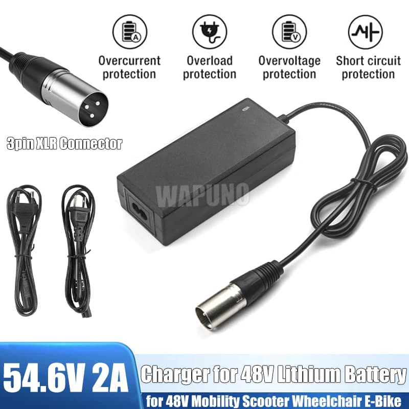 54.6V 2A Charger for 48V Lithium Battery 3 Pin XLR Connector For Mobility Vehicles Electric Wheelchairs With EU/US Power Cord