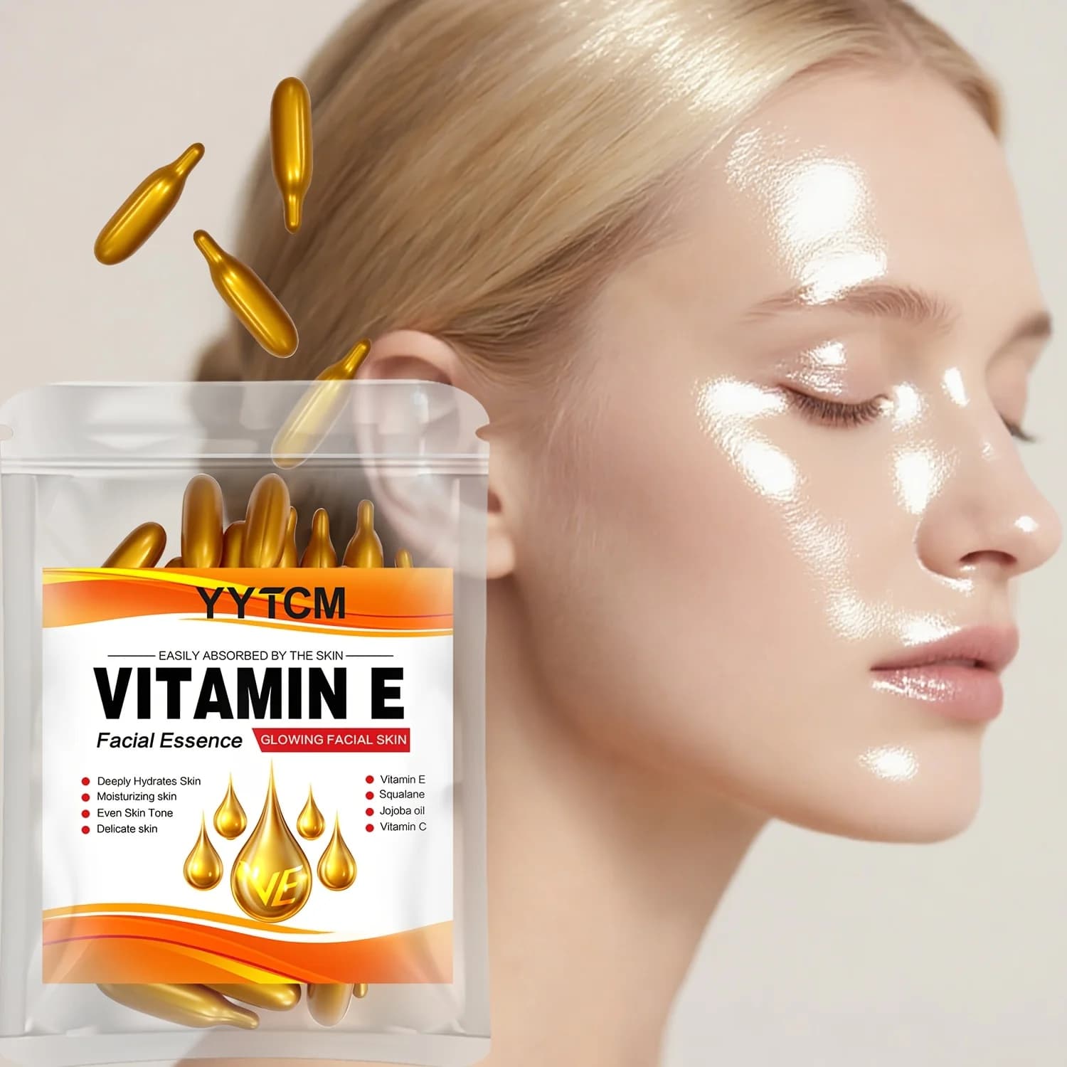 Vitamin E Deep Moisturizing Capsule Essence, Hydrates and Smooths Skin, Contains Plant-Based Squalane, Vitamin C, Deep Hydration and Skin Brightening