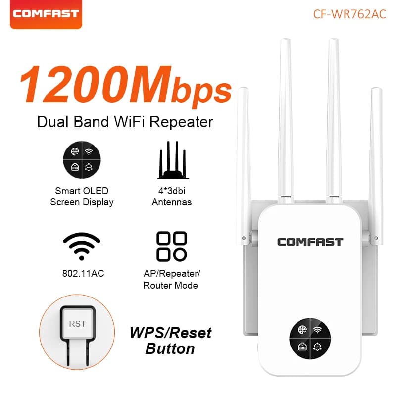 COMFAST WIFI5 1200Mbps WiFi Repeater Home Wi-Fi Range Extender Repetidor 2.4/5.8G Wi-Fi Signal Amplifier Smart Screen Display