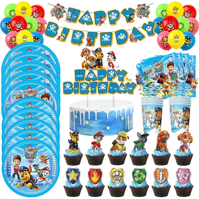 Paw Patrol Birthday Decorations Paw Patrol Tableware Plates Cups Balloons Banner Backdrop Cake Toppers Gift Bags Party Supplies