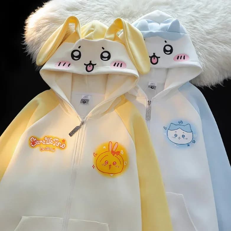 jiyi Animated Cartoon Cute Usagi Hachiware Rabbit Ears Hooded Sweatshirt Spring and Autumn Style New Loose Top Coat Girl