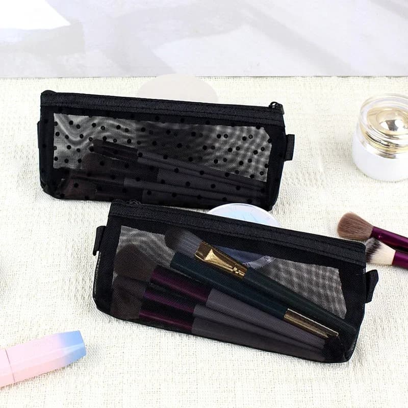 Clear Mesh Cosmetic Makeup Bags Case Makeup Brush Holder Cute Transparent Zipper Black Heart Printed Pencil Pen Case Pouch