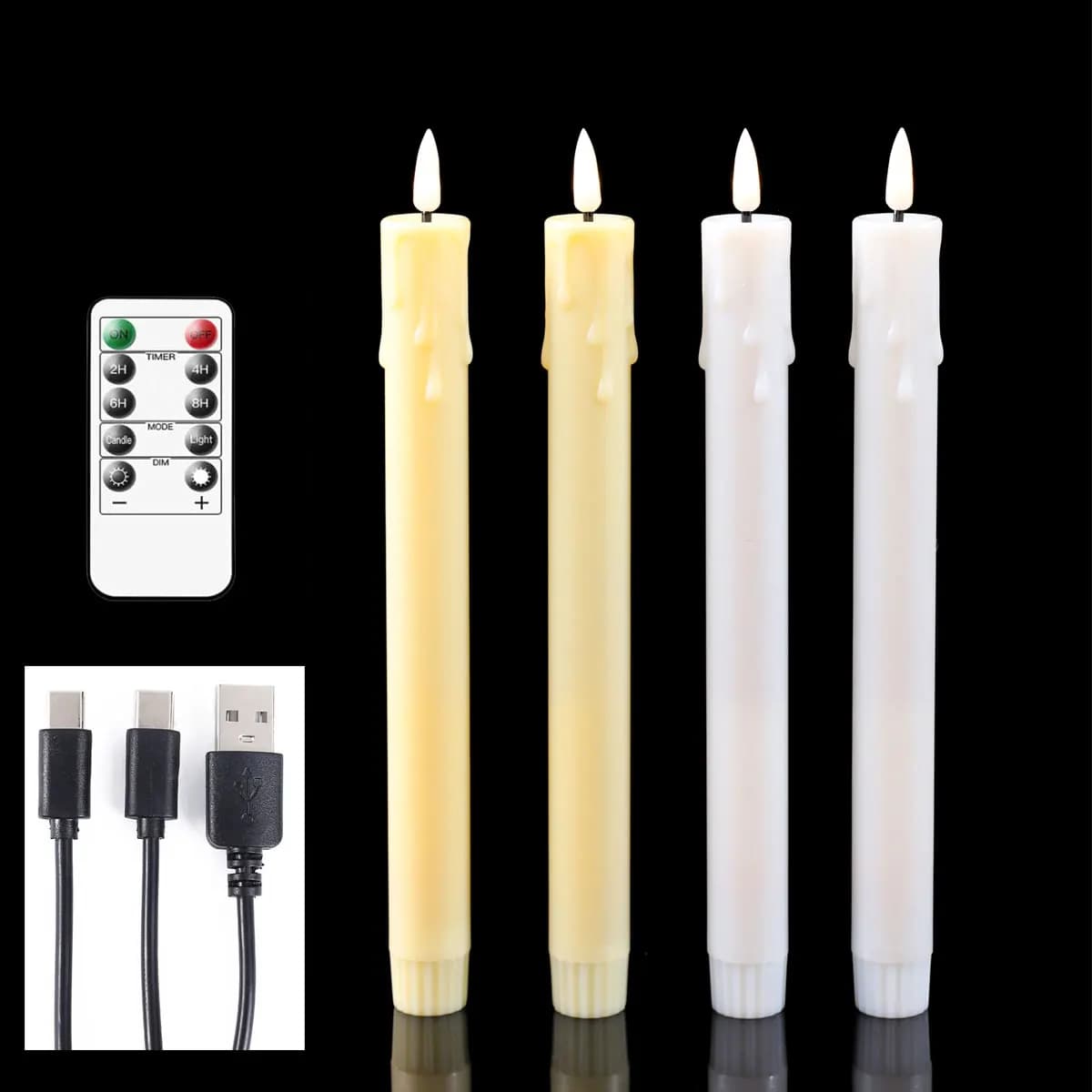 2 or 4 Pcs Flameless 10 Inch Remote LED New Year Decorative Taper Candles USB Charge,Warm White Plastic Rechargeable Candle Room