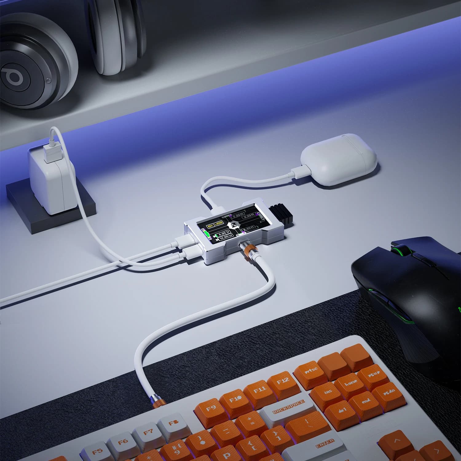 HMLAB ZNEO Gaming USB Hub - 2-to-3 Port, 8K Hz, Independent Power, With Screen, Trendy for Gaming Ambience Desk Setup