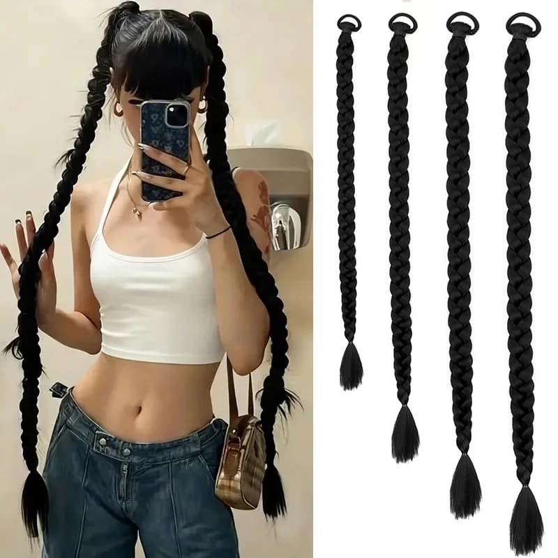 Synthetic Long Box Straight Braided Hair Extension Ponytail Elastic Rubber Band Clip-in Black Hairpiece for Women Daily