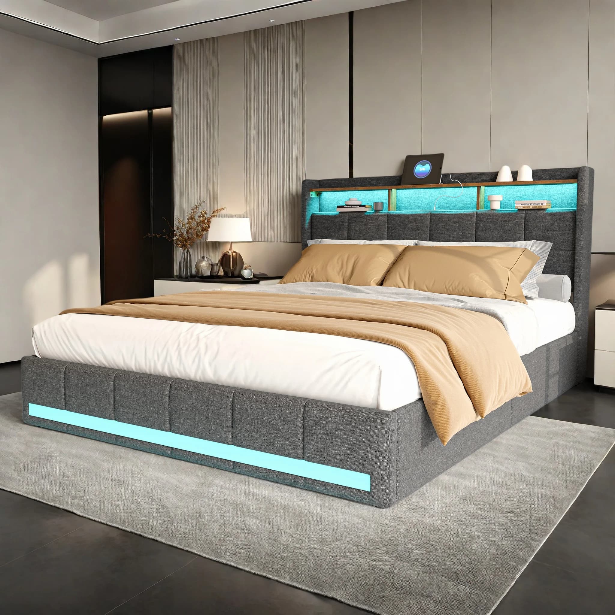 Rosahqnda Upholstered Double Bed 160 x 200 cm, Bed 180 x 200 cm with Storage Box, Storage Bed with 4 Drawers and LED Lighting