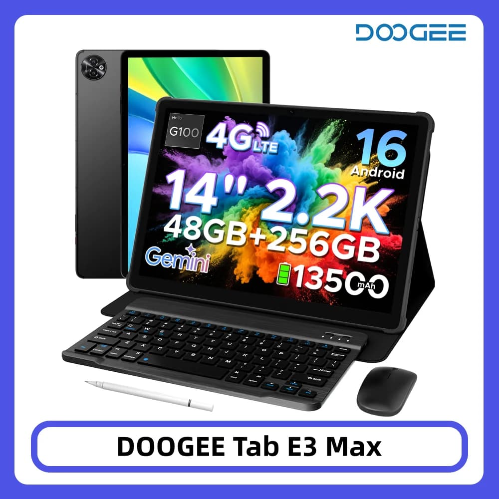 DOOGEE Tab E3 Max Tablet PC 14'' 2.2K Screen 48GB 256GB 13500mAh Large Battery Helio G100 16MP Gemini AI Android 16 Smart Pad
