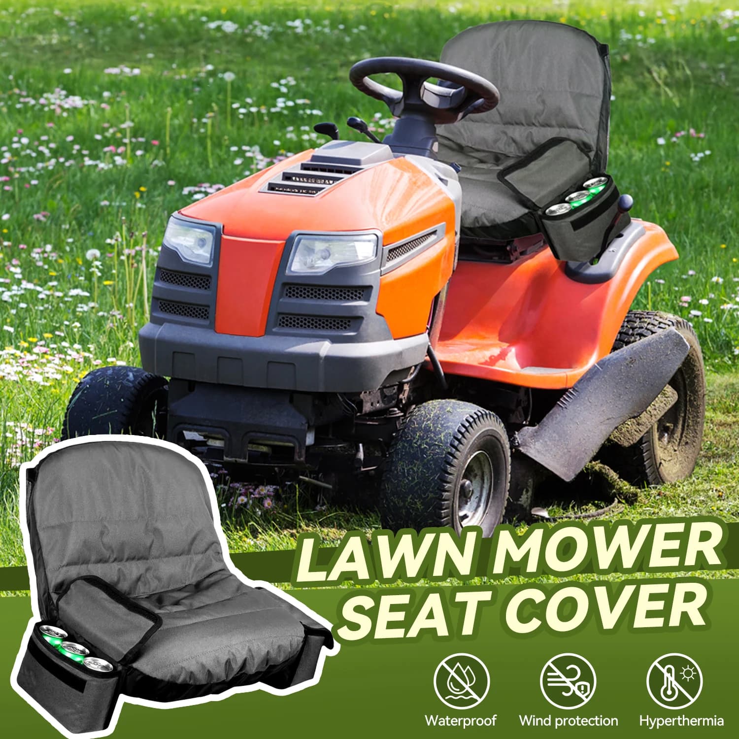 Riding Mower Seat Cover with Two Storage Bags, 600D Oxford Tractor Seat Protection Tractor Seat Cover Fits Most Mowers