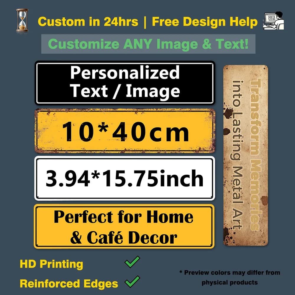Custom Vintage Tin Sign 10x40cm - Personalize ANY Text & Images - Home Bar Cafe Man Cave Gift Antique Office Metal Wall Art