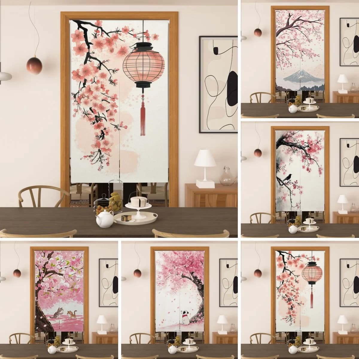 Japanese Door Curtain Cherry Blossom Print Room Divider Privacy Screen For Living Room Bedroom Decorative Hanging Half Curtains