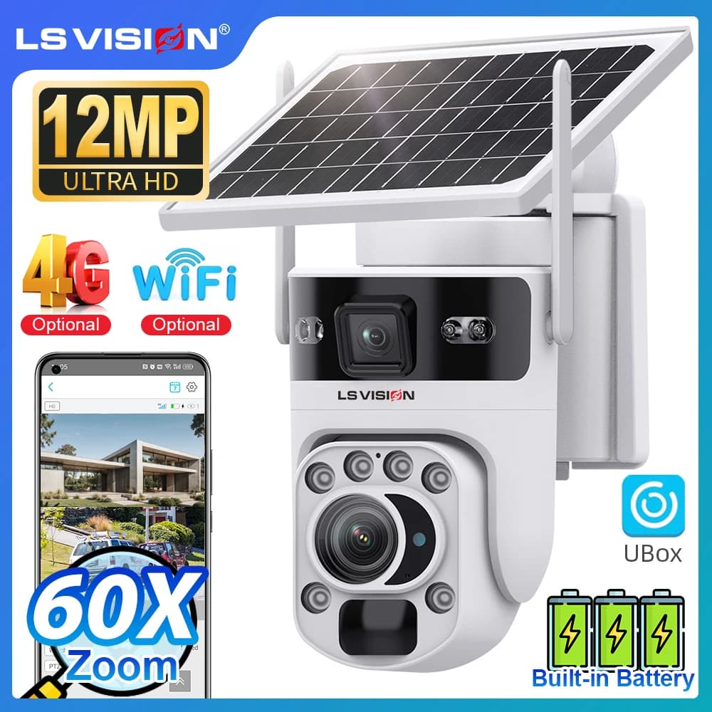 LS VISION 12MP 60X Optical Zoom Solar Securty Camera Outdoor 4G/WiFi Dual Screen Two Way Talk Auto Tracking CCTV Camera Ubox App