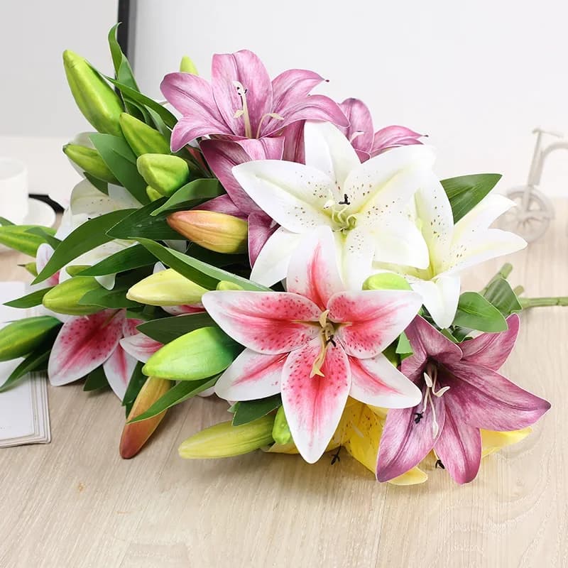 41cm 3 Head Artificial Lily Flower 3D Fake Flower Wedding Living Room Home Decoration Artificial Flower Home Decore