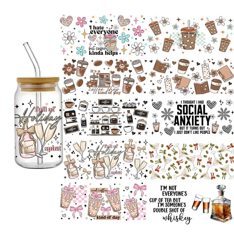 Drink Design UV DTF 3D 16oz Wraps Cup Glass Cup Transfer Sticker Wine Cartoon High Quality Waterproof Decals