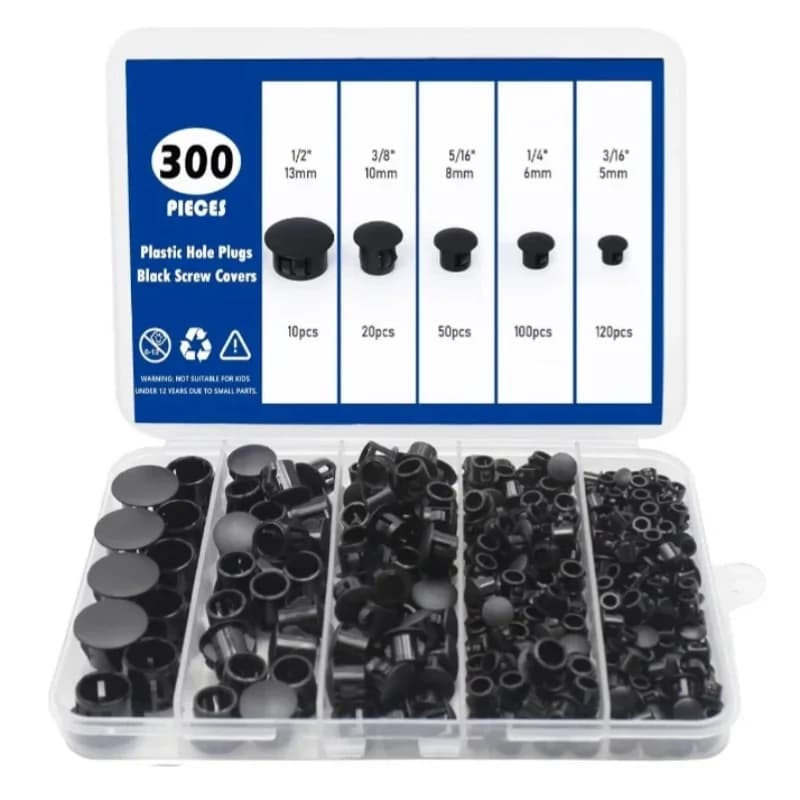 300pcs Black Plastic Hole Plugs 5-13mm Snap-in Caps for Screw Door Panel Assorted Sizes