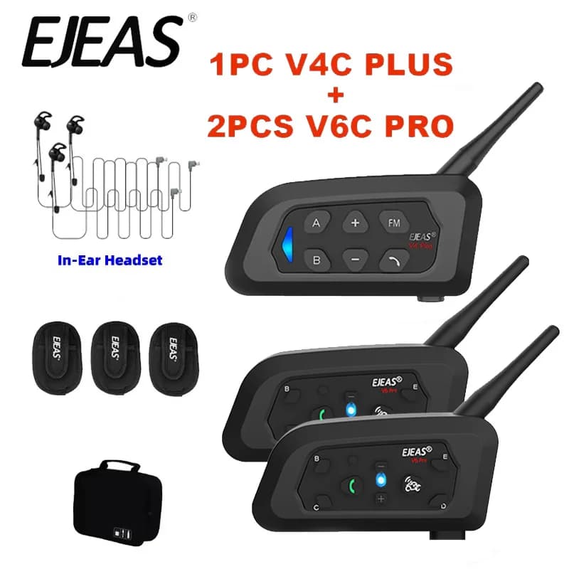EJEAS 1PC V4C PLUS+2PCS V6C PRO 3 Users In-Ear Referee Intercom Headset 1200M Full Duplex Bluetooth Soccer Conference Interphone