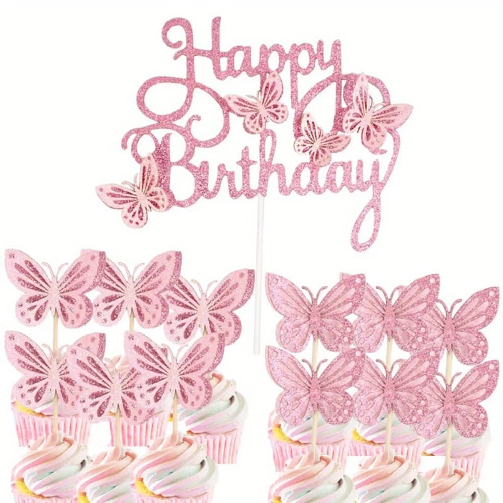 Pink Butterfly Cake Toppers 3D Butterfly Cupcake Topper for Girls Women's Happy Birthday Cake Topper Butterfly Birthday